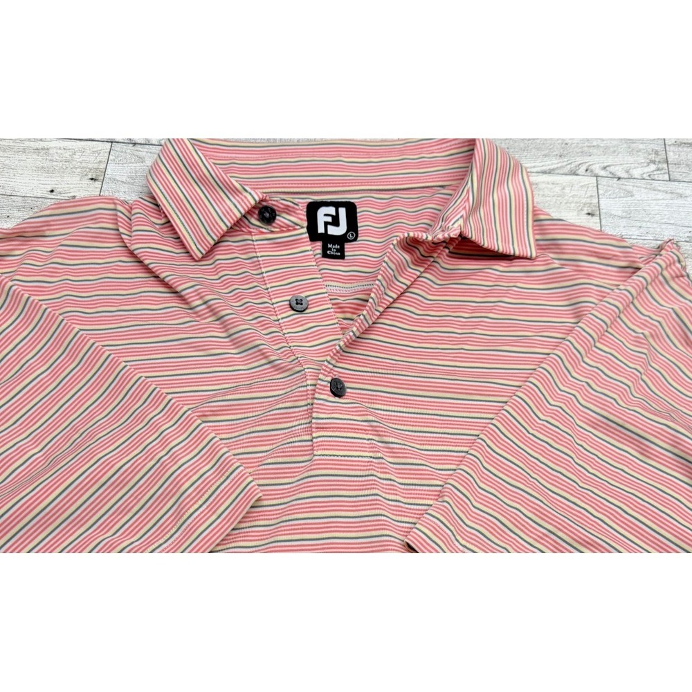 FootJoy Polo Shirt Mens LARGE Pink Grey White Striped Performance Golf‎ Stretch